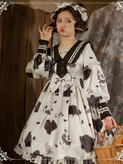 White and Black Cow Print Sailor Collar Dress EIY0076