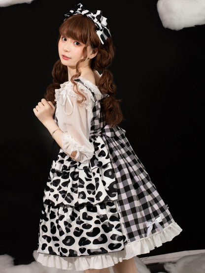 Black Check and Leopard Print Mixed Dress EIY0083