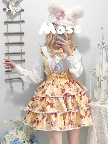 Bear Strawberry Print 3-Tiered Suspender Skirt EIY0055