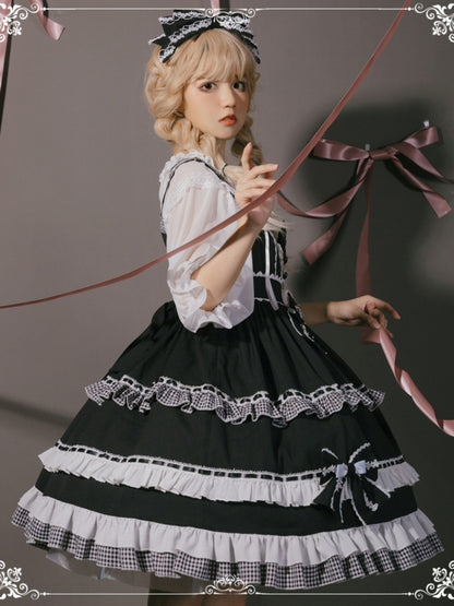 Black and White Check Print Ribbon Frill Sweet Dress EIY0073