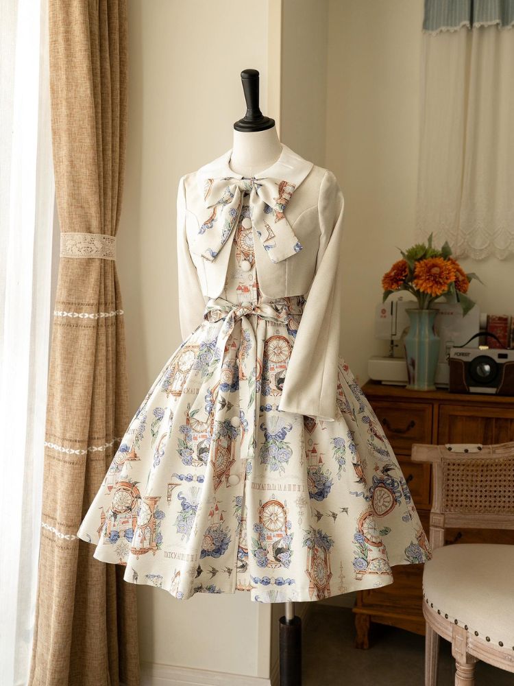 Clock Print Elegant Girly Dress Two-Piece Set FOR0027