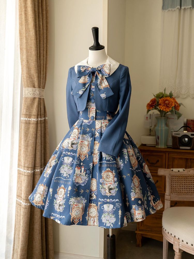 Clock Print Elegant Girly Dress Two-Piece Set FOR0027