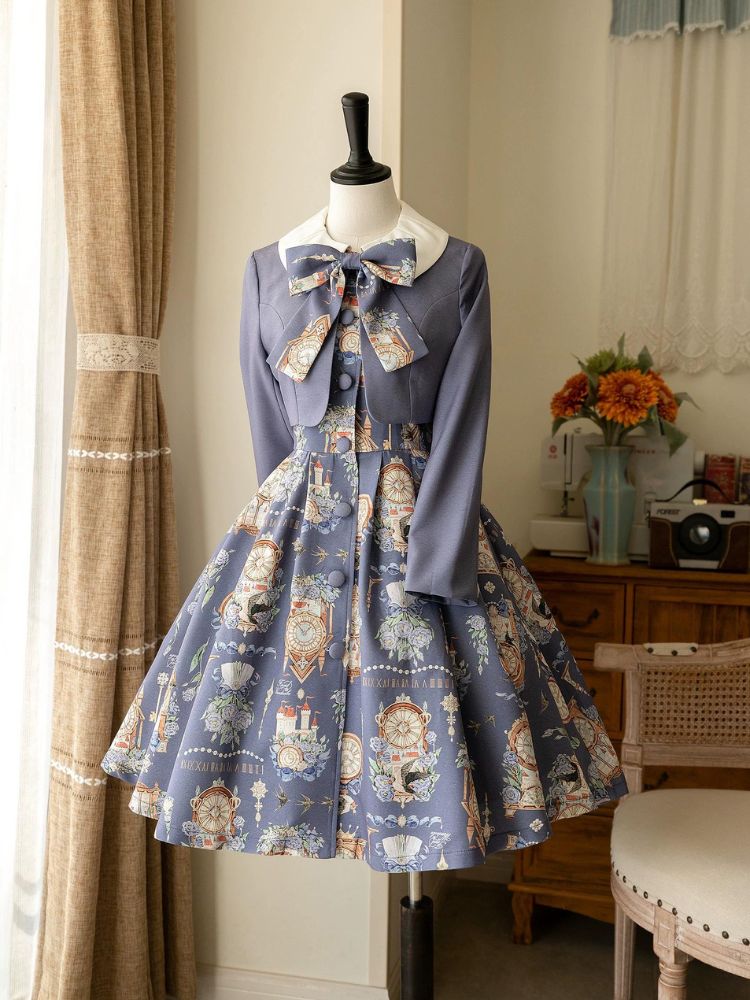 Clock Print Elegant Girly Dress Two-Piece Set FOR0027