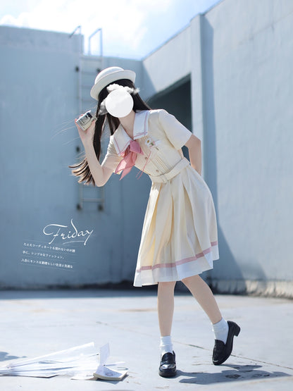 Light Custard Summer Sailor Uniform Dress HUT0112