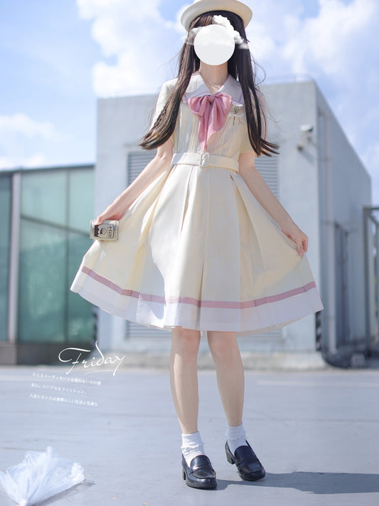 Light Custard Summer Sailor Uniform Dress HUT0112