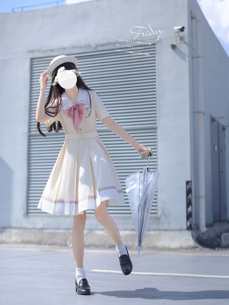 Light Custard Summer Sailor Uniform Dress HUT0112