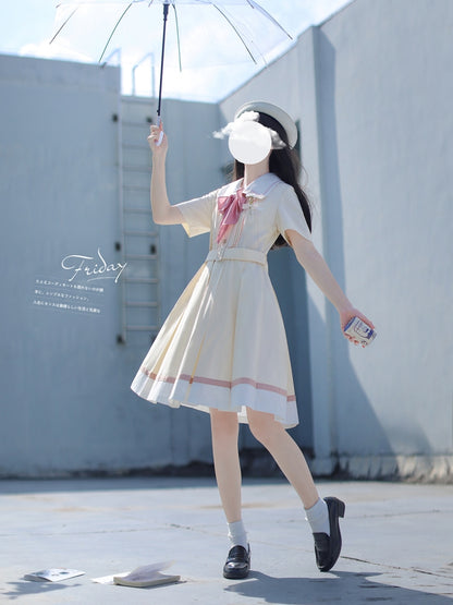 Light Custard Summer Sailor Uniform Dress HUT0112