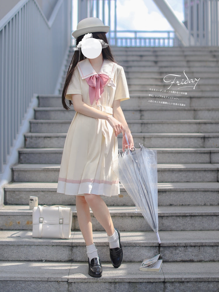 Light Custard Summer Sailor Uniform Dress HUT0112