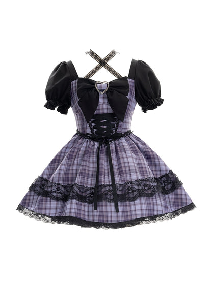 Black and Purple Checkered Lace Ribbon Mini Dress LAL0008