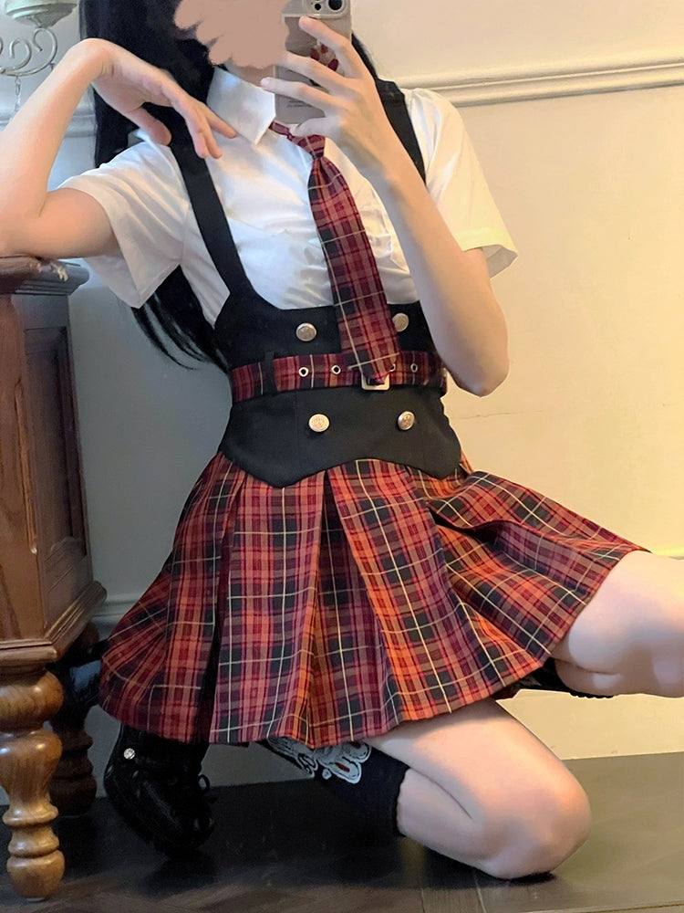 Red Check Skirt Student Style Two-Piece Set LAL0083