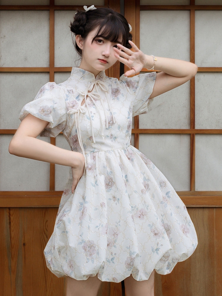 Light Floral Puff Sleeve China Style Mini Dress LAL0021