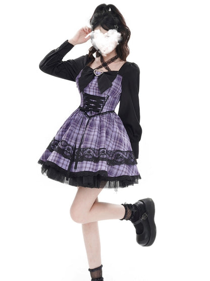 Black and Purple Checkered Lace Ribbon Mini Dress LAL0008