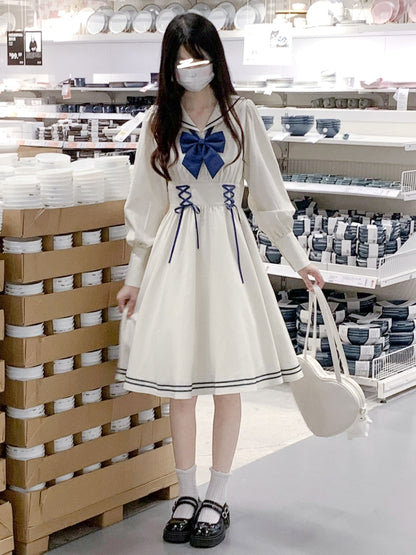 White and Navy Sailor-Neck School Style Dress LAL0003