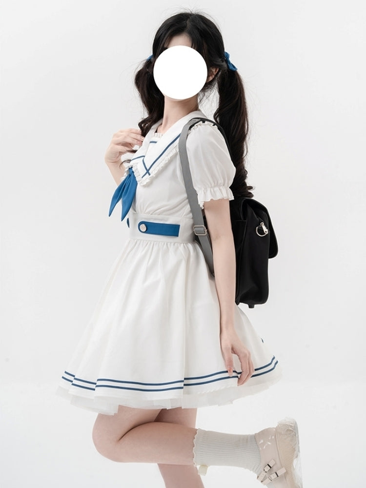 College Style White and Blue Sailor-Neck Mini Dress LAL0004