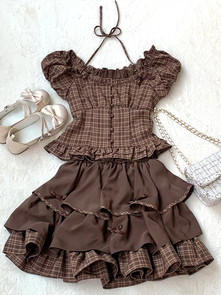 Brown Checkered Puff Sleeve Two-Piece Set LAL0077