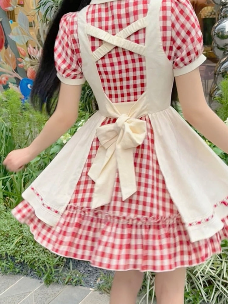 Red Checkered Apron Summer Dress LAL0011