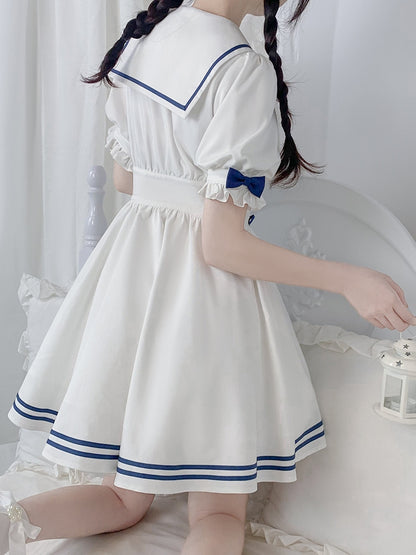 White and Navy Sailor-Neck School Style Dress LAL0003