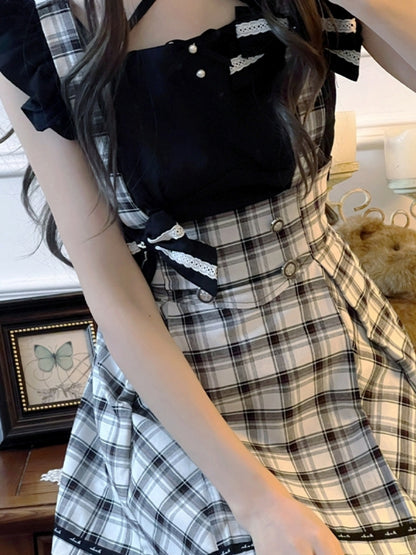 Black and White Check Suspender Skirt Two-Piece LAL0050