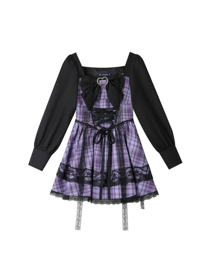 Black and Purple Checkered Lace Ribbon Mini Dress LAL0008