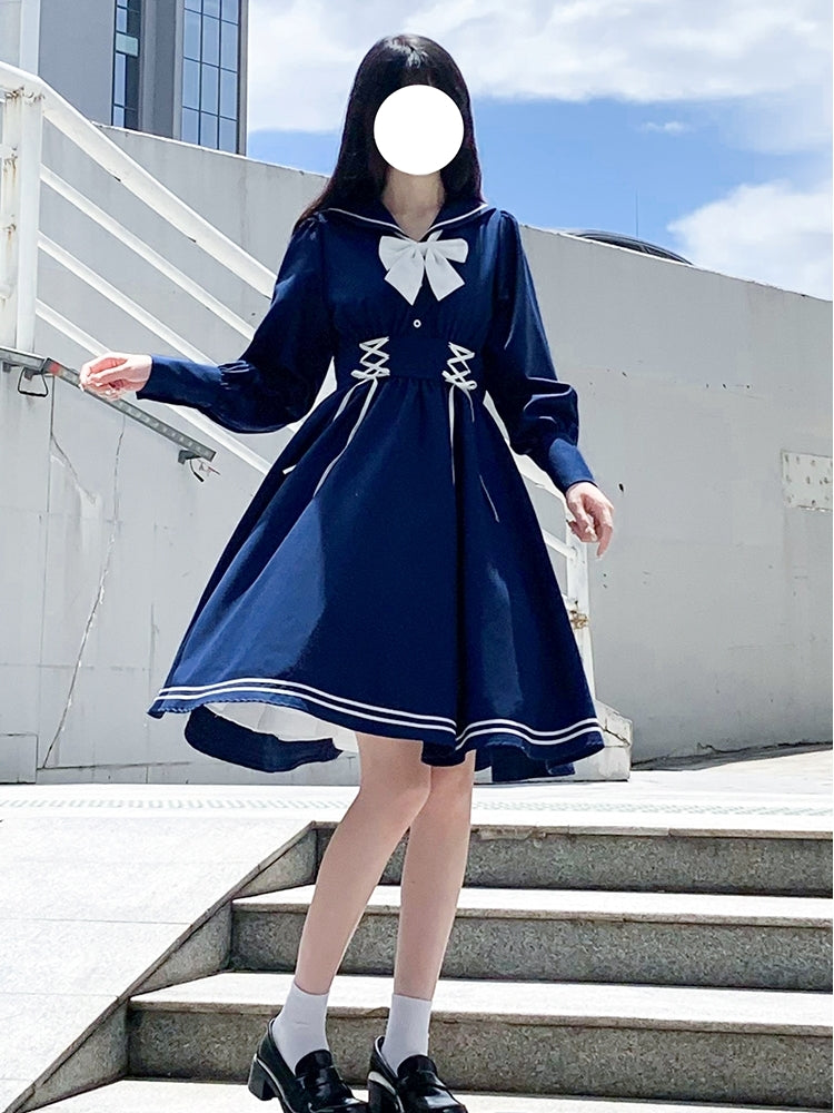 White and Navy Sailor-Neck School Style Dress LAL0003