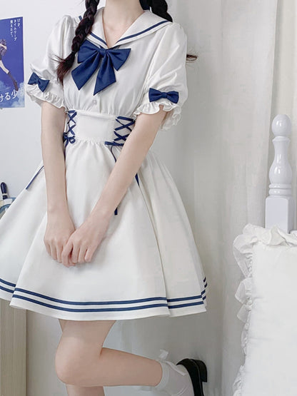 White and Navy Sailor-Neck School Style Dress LAL0003