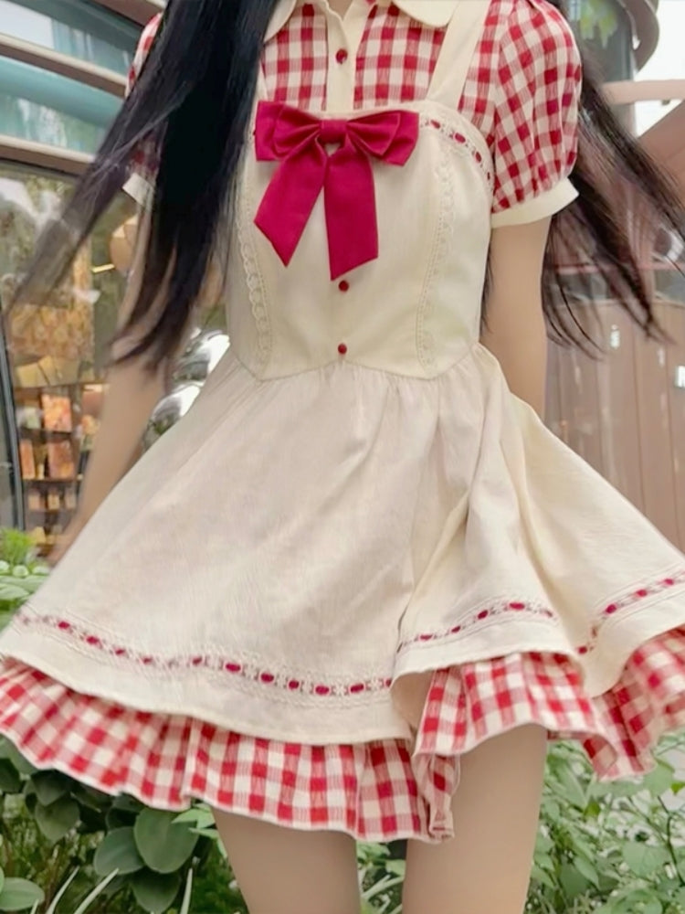 Red Checkered Apron Summer Dress LAL0011