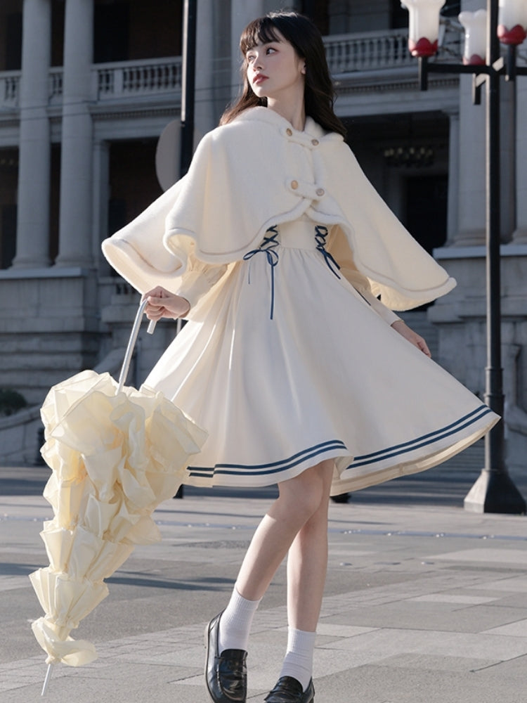 Cape-Accented College Style White Dress LAL0027