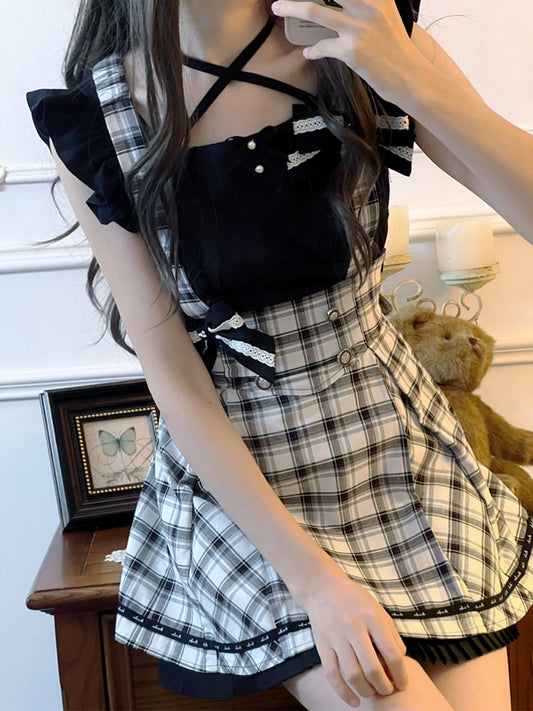 Black and White Check Suspender Skirt Two-Piece LAL0050