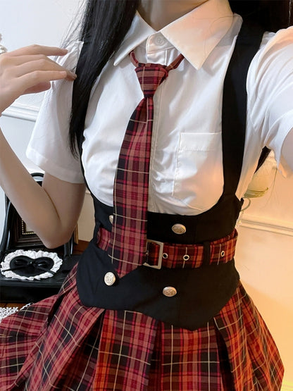 Red Check Skirt Student Style Two-Piece Set LAL0083