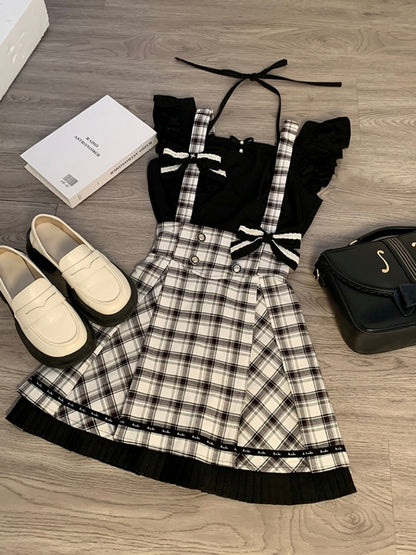 Black and White Check Suspender Skirt Two-Piece LAL0050