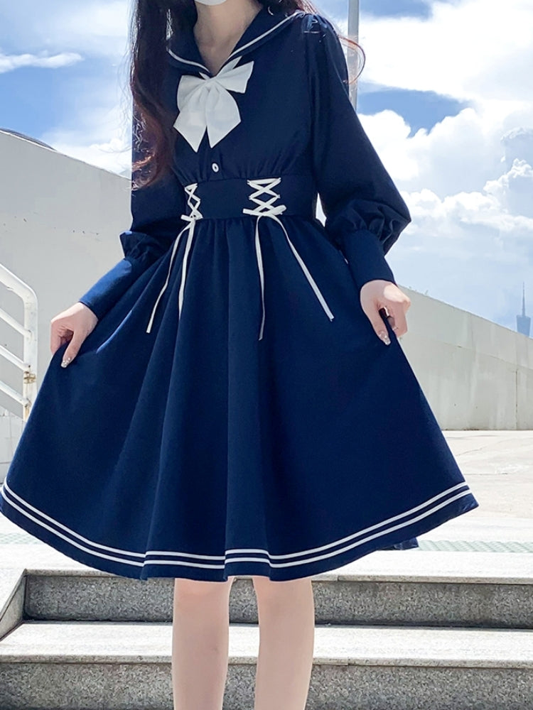 White and Navy Sailor-Neck School Style Dress LAL0003