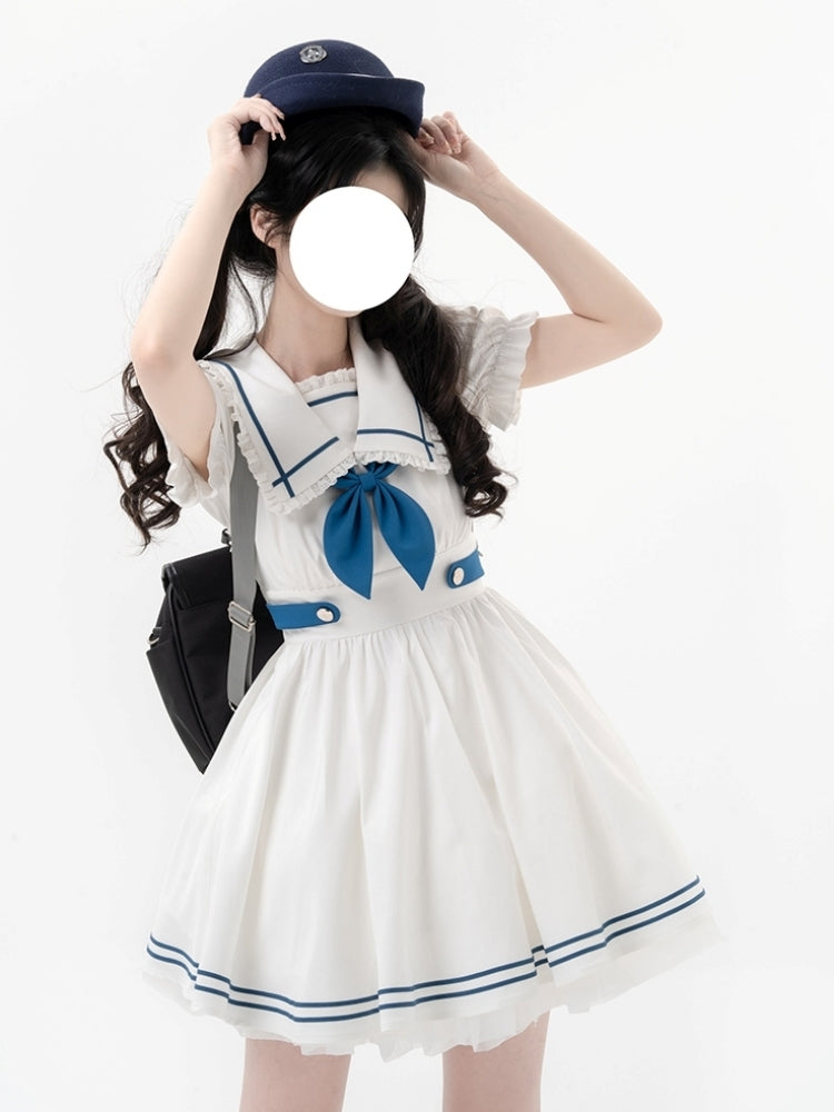 College Style White and Blue Sailor-Neck Mini Dress LAL0004