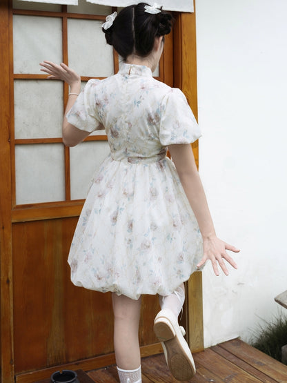 Light Floral Puff Sleeve China Style Mini Dress LAL0021