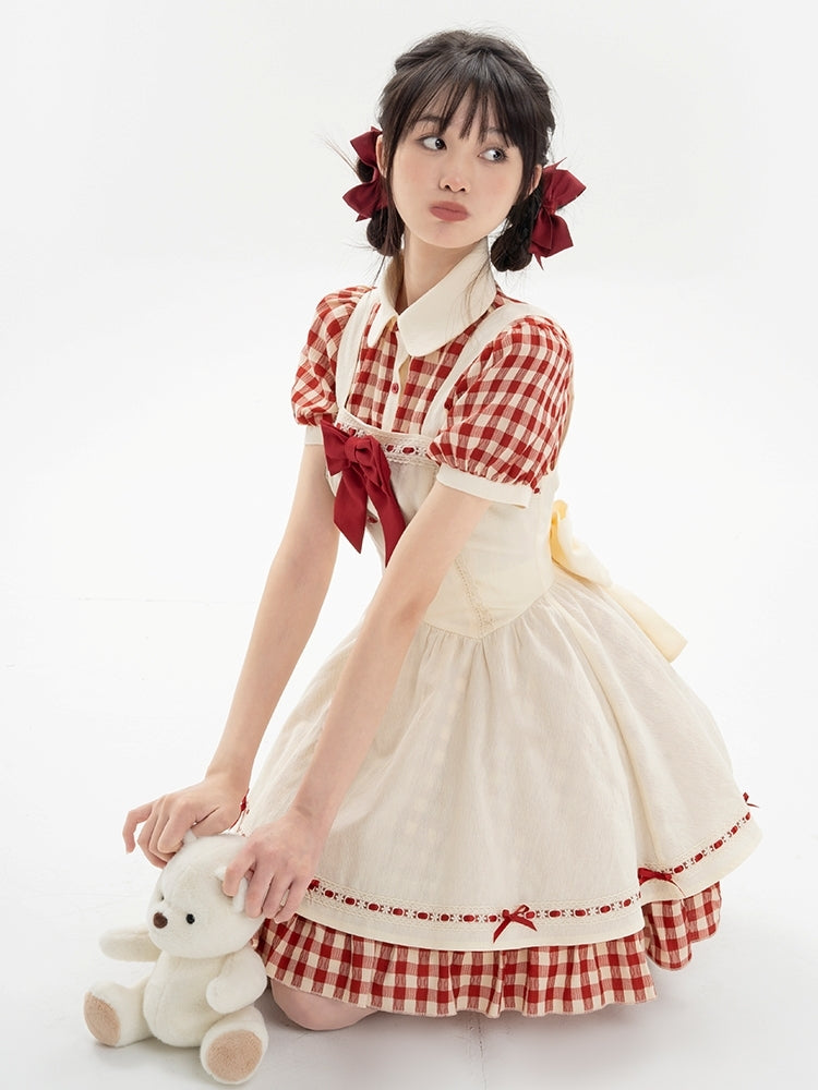 Red Checkered Apron Summer Dress LAL0011