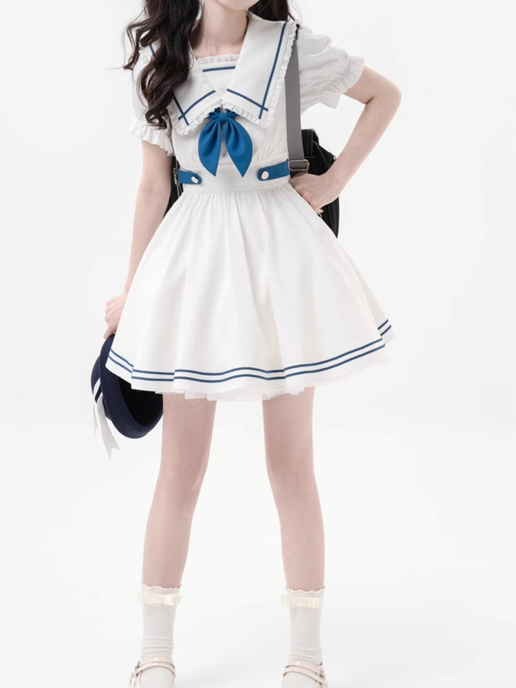 College Style White and Blue Sailor-Neck Mini Dress LAL0004