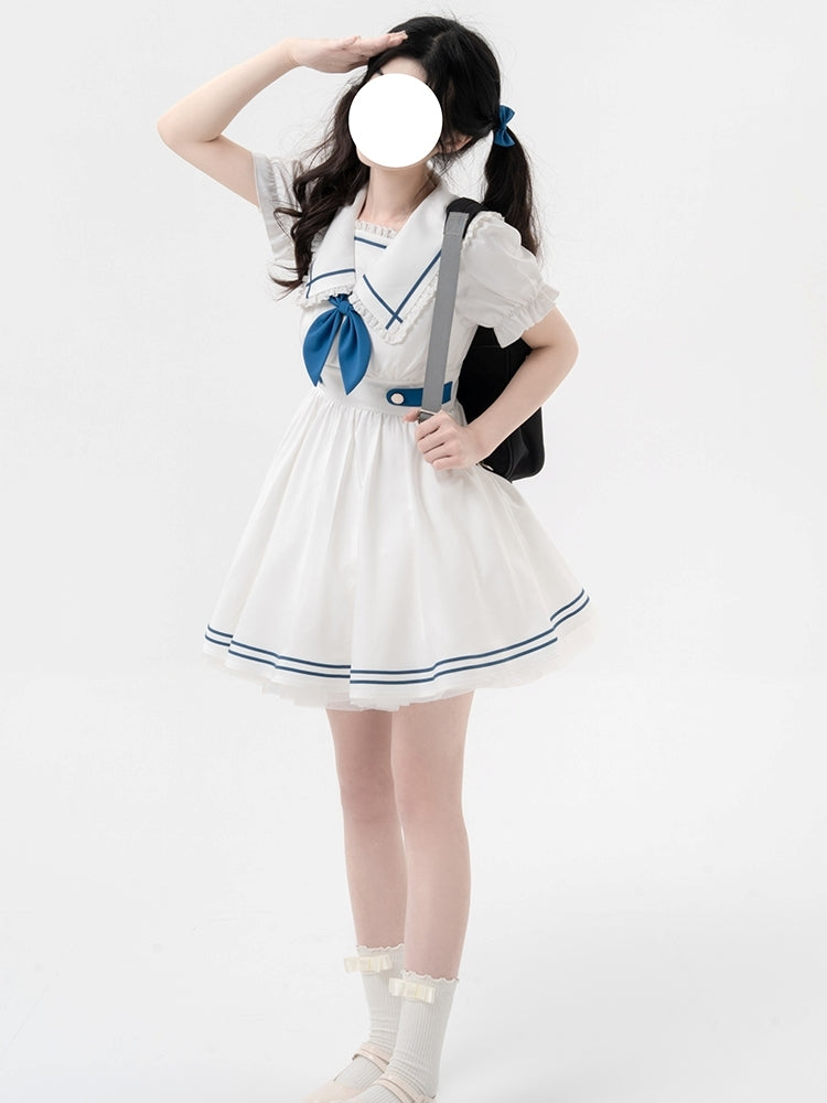 College Style White and Blue Sailor-Neck Mini Dress LAL0004