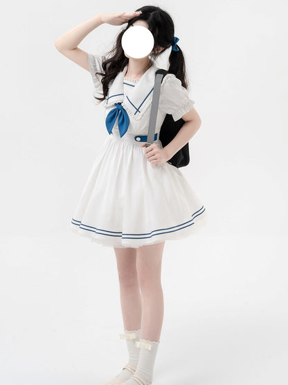 College Style White and Blue Sailor-Neck Mini Dress LAL0004