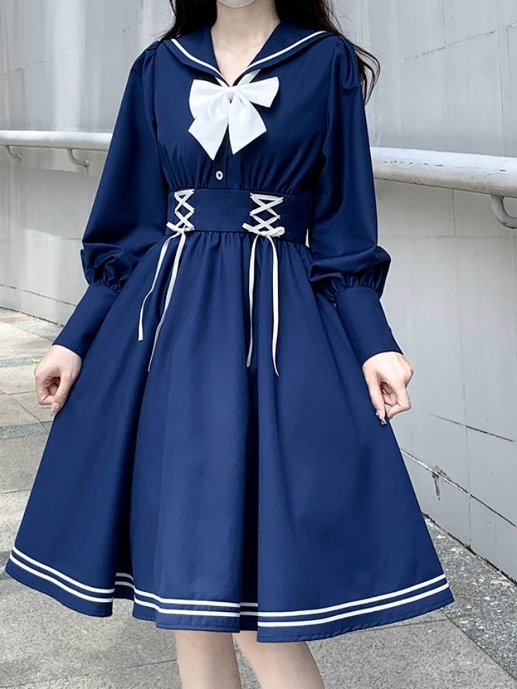 White and Navy Sailor-Neck School Style Dress LAL0003