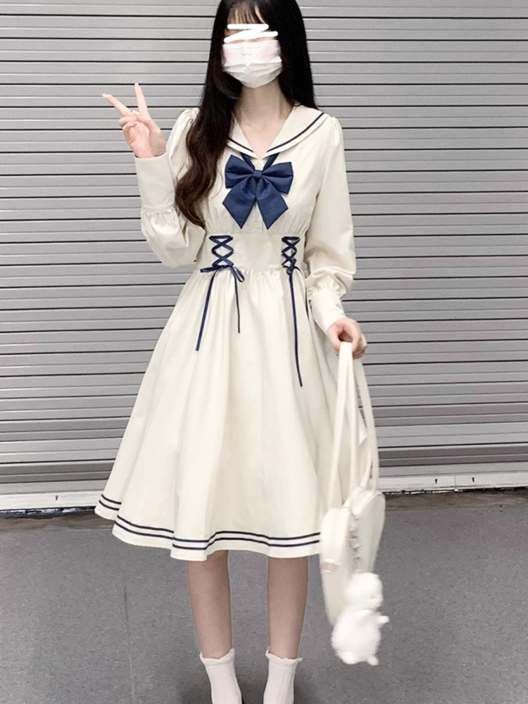 White and Navy Sailor-Neck School Style Dress LAL0003