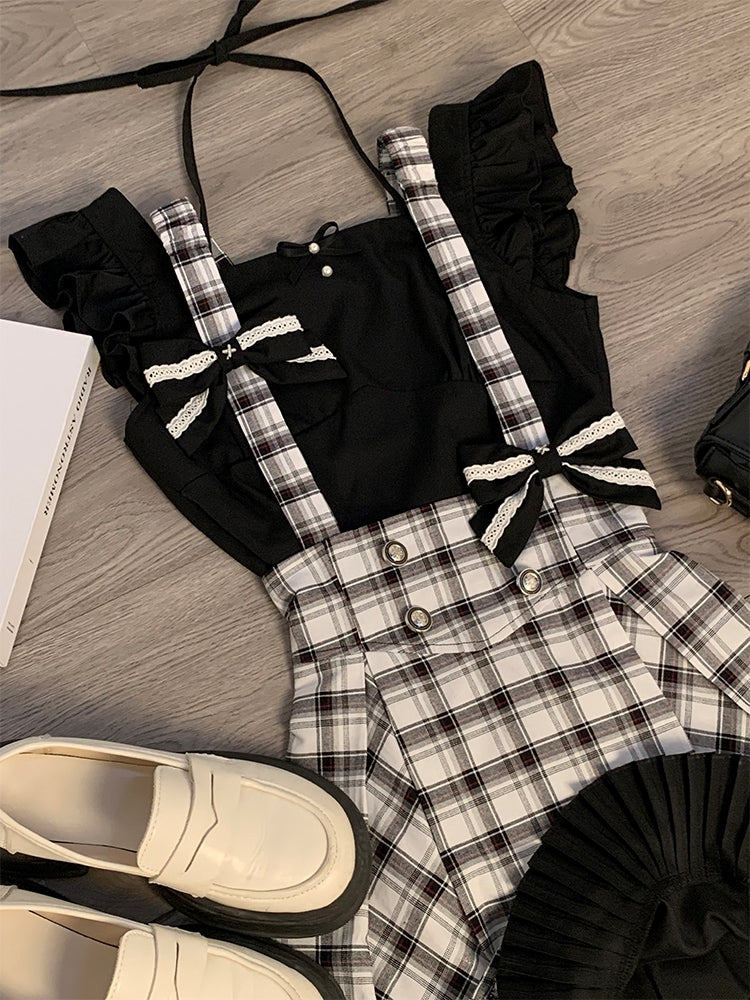 Black and White Check Suspender Skirt Two-Piece LAL0050