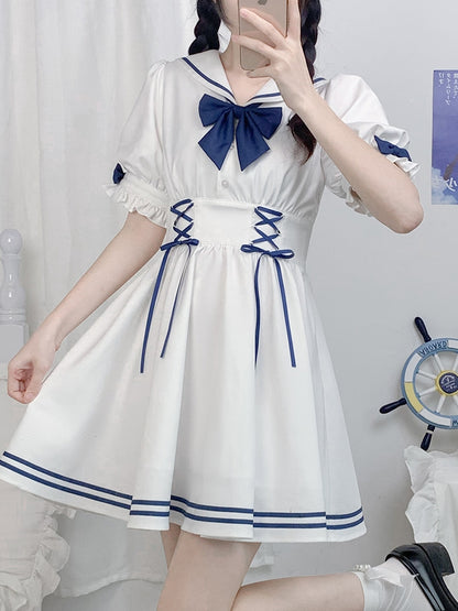 White and Navy Sailor-Neck School Style Dress LAL0003