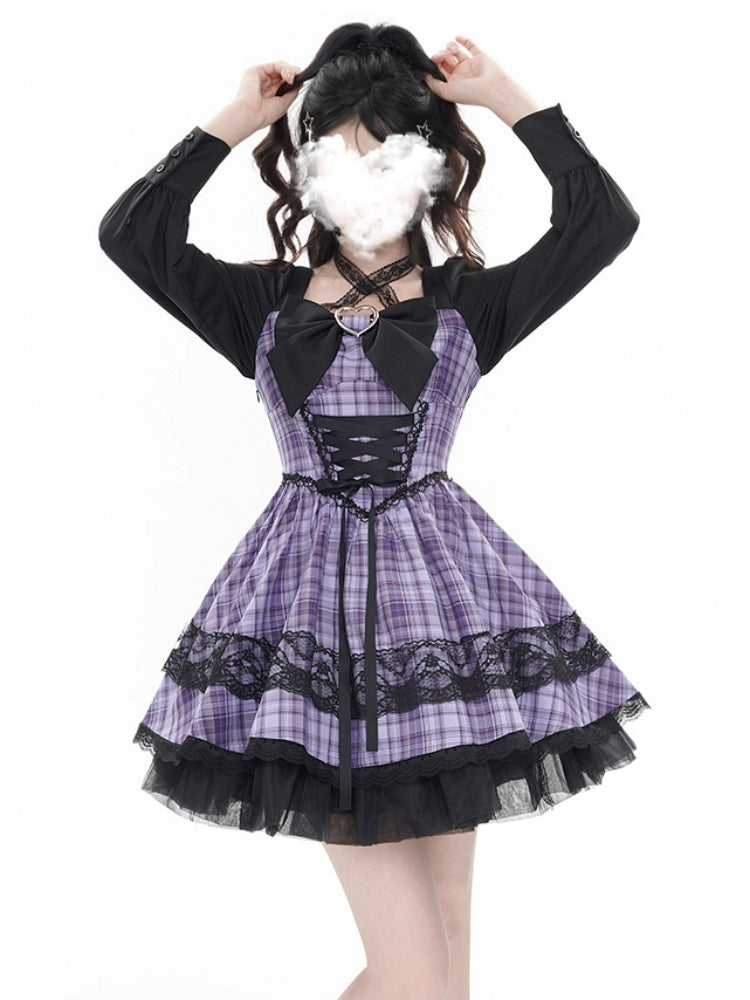 Black and Purple Checkered Lace Ribbon Mini Dress LAL0008