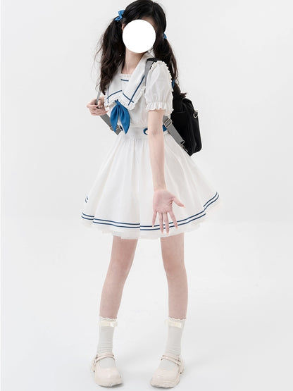 College Style White and Blue Sailor-Neck Mini Dress LAL0004