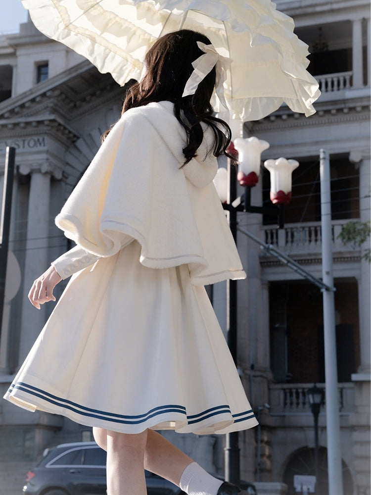 Cape-Accented College Style White Dress LAL0027