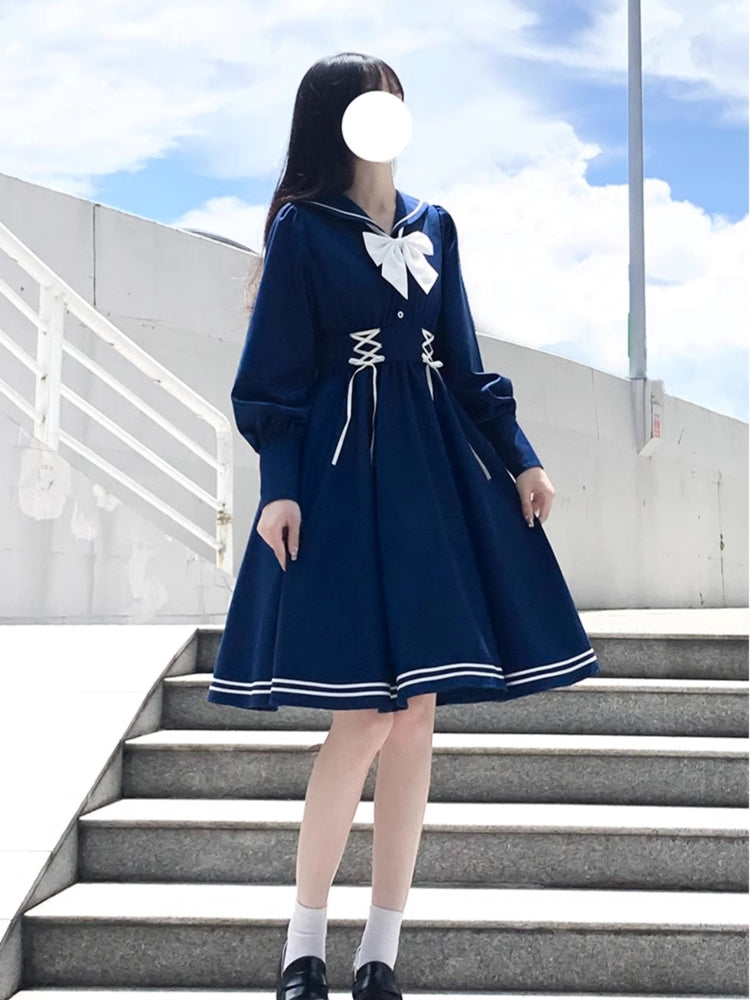 White and Navy Sailor-Neck School Style Dress LAL0003