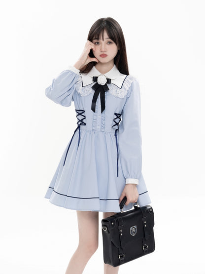 Long Sleeve Lace Collar Lace-Up Mini Dress LAL0015