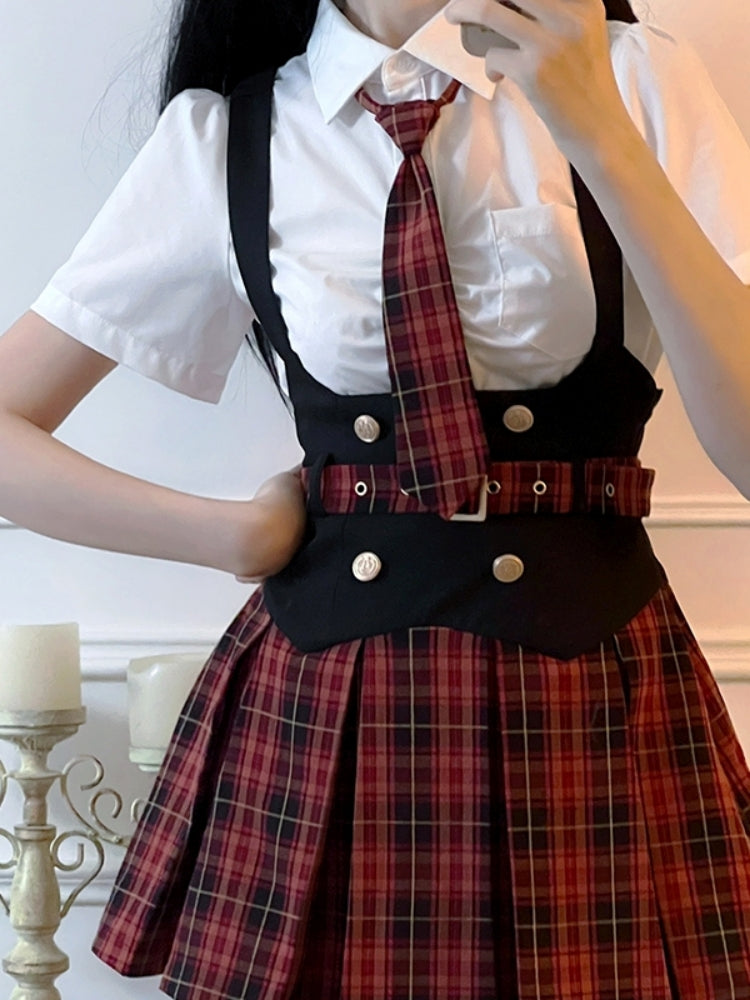 Red Check Skirt Student Style Two-Piece Set LAL0083