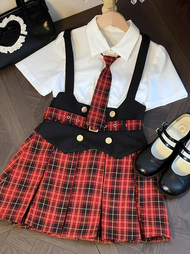 Red Check Skirt Student Style Two-Piece Set LAL0083