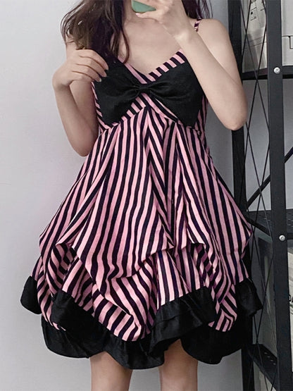 Pink and Black Striped Asymmetrical Dress LAL0047