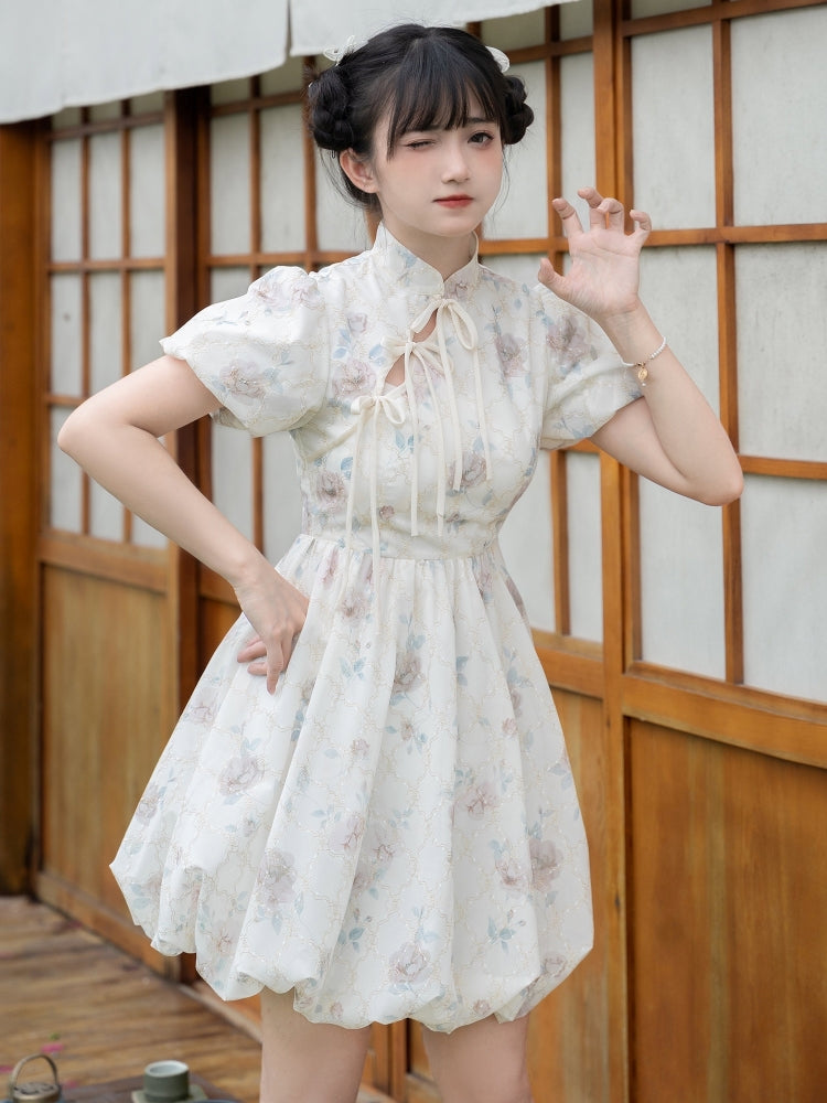 Light Floral Puff Sleeve China Style Mini Dress LAL0021